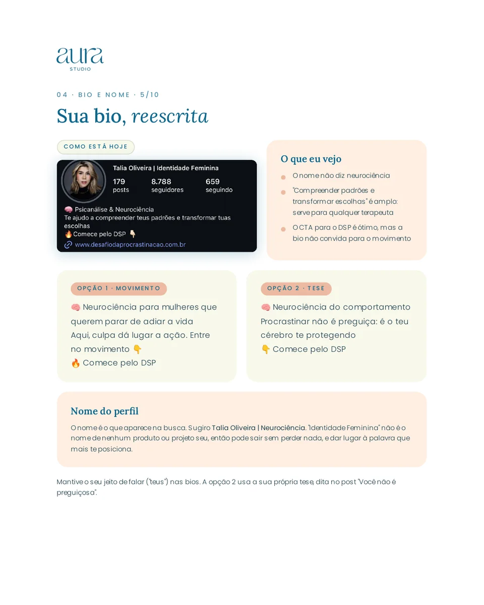 Página da bio e do nome reescritos em um diagnóstico real